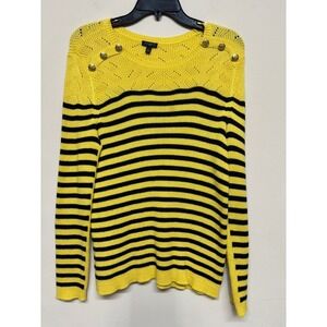 Talbots Large Petite Yellow Black Striped Button Shoulder Knit Sweater Sunflower